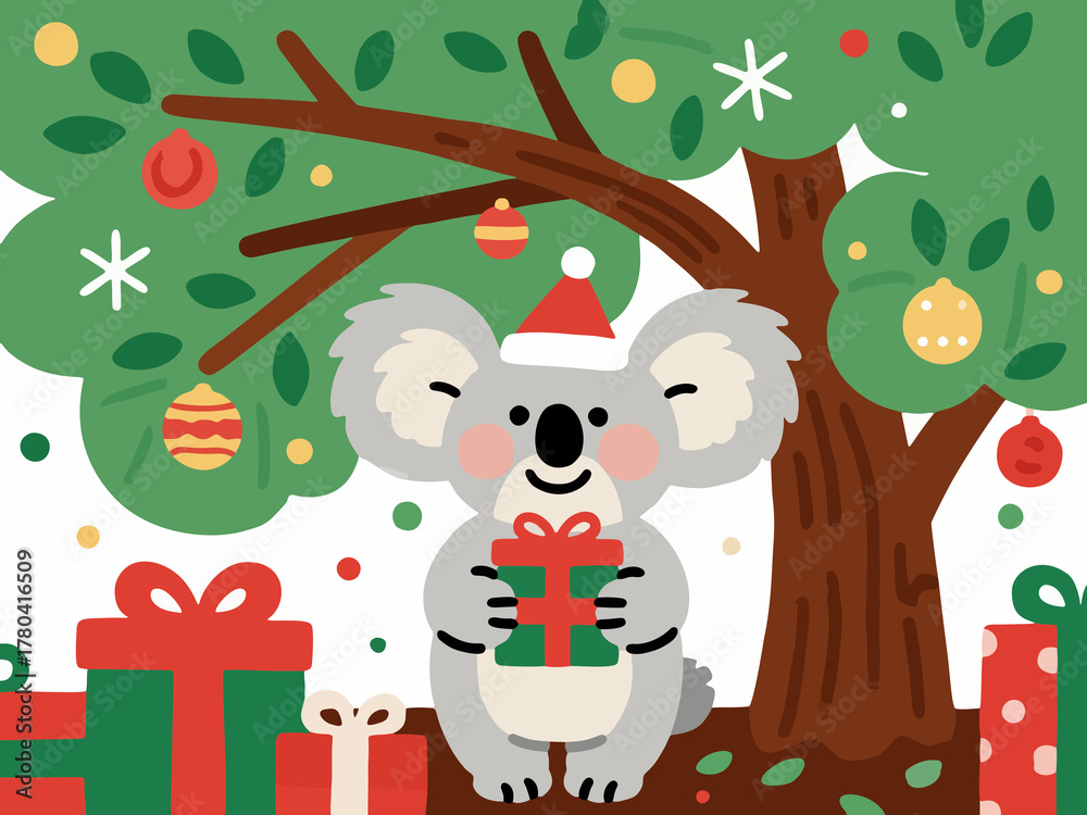 Fototapeta premium Koala with Gift Box under a Green Tree