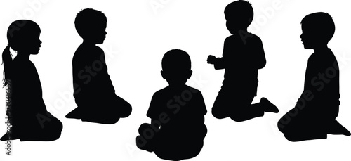 Children silhouette group, kids sitting together, social interaction icons, black illustration of childhood, friendship and play concept, educational design, flat vector
