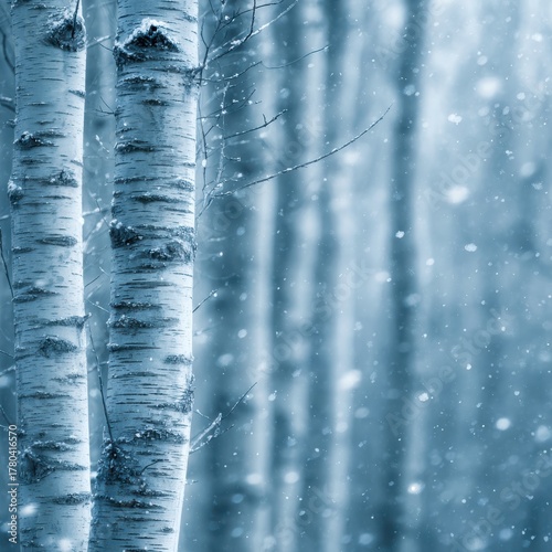 Serene Winter Scene of Silver Birch Trees in a Snowy Forest Landscape with Soft Blue Tones