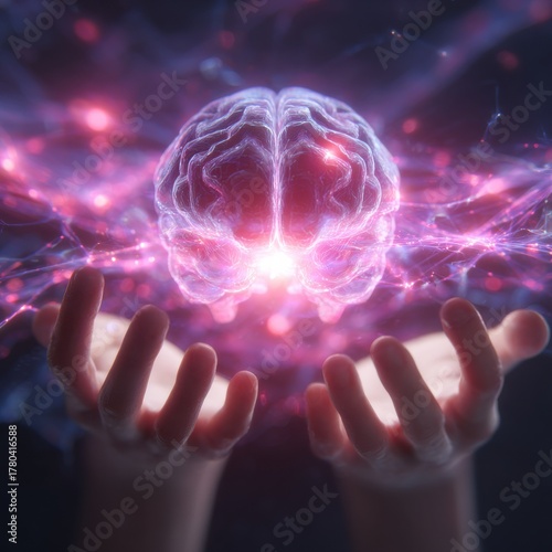 Conceptual image of a brain held by hands with purple glowing effect demonstrating intelligence power