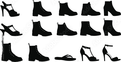 Footwear silhouette set, fashion shoe collection, boots heels sandals icons, black design pack, stylish footwear illustration, retail fashion elements, flat vector