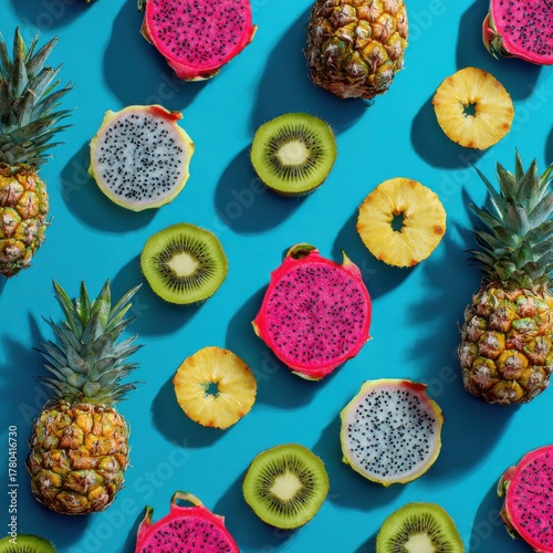 Vibrant Tropical Fruit Medley on Azure Backdrop Pineapple Dragon Fruit and Kiwi Slices in a Fresh Flat Lay Arrangement for Health and Exotic Food Promotion