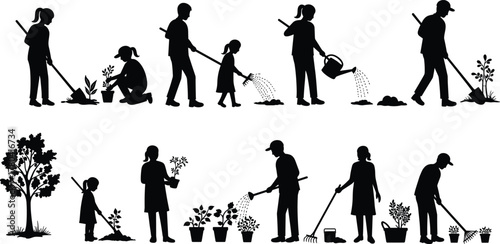 Gardening silhouettes, people planting, watering plants, family teamwork, outdoor activity, eco lifestyle, garden tools, children learning nature, environmental care, flat vector