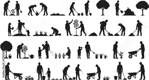 Gardening silhouettes, people planting, watering plants, teamwork activity, family outdoor lifestyle, eco nature care, garden tools, community environment, children learning, flat vector