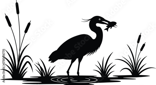 Heron catching fish silhouette, wetland bird illustration, aquatic wildlife hunting scene, nature ecosystem concept, waterfowl standing in pond, flat vector design