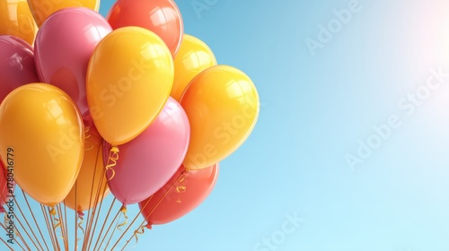 Vivid party assortment of pink orange and yellow balloons floating against a light blue sky joyful atmosphere