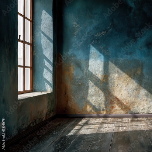 Sunlight Streams into Rustic Room Casting Shadows on the Textured Wall Creating a Serene Atmosphere with Dark Wood Floor