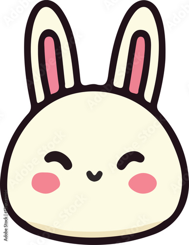 Cute smiling bunny face adorable hand drawn cartoon illustration of a happy white rabbit with pink cheeks and ears, cute animal character for stickers, kids design, and Easter decoration