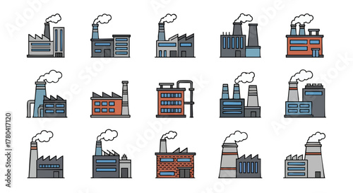 Factory Icon Set Collection of Industrial Buildings and Smoke Stacks