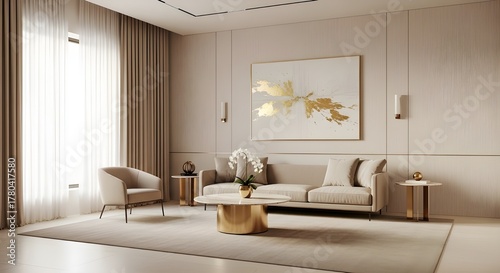 Luxurious minimalist modern living room, beige color, calming, lighting, elegant.