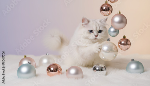 Pet cat, christmas, white fur, blue eyes, fluffy, playful, cute