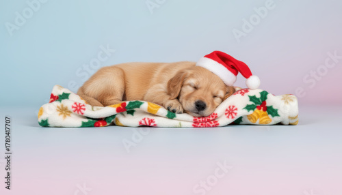 Pet, christmas, puppy, sleeping, Santa hat, blanket, cute calm mood