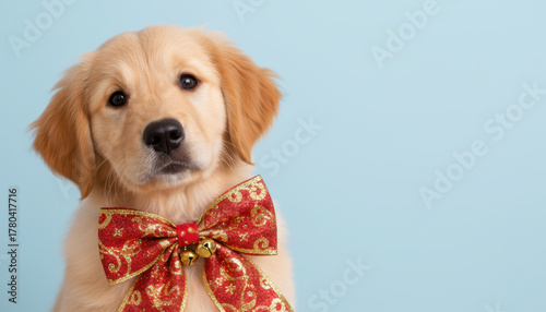 Cute puppy golden retriever red bow festive pet christmas portrait bell