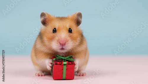 Cute hamster, red gift, green ribbon, pet, christmas cheer and wonder