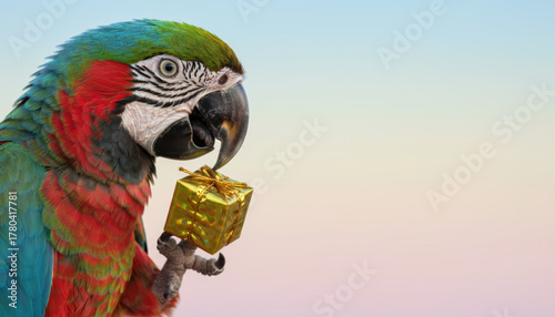 Colorful parrot pet with christmas gift, golden box, playful mood, pastel sky background