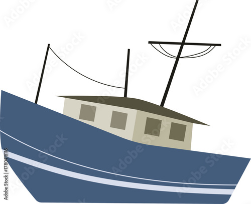 Classic blue fishing trawler ship vector illustration isolated marine vessel transport graphic nautical travel icon simple flat design style