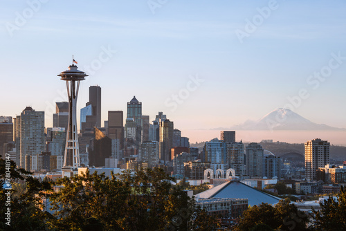 Skyline at dawn with Mt Rainier, Seattle, USA