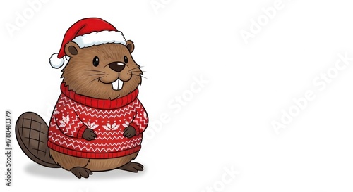 A cheerful beaver cartoon, adorned in a festive red sweater & Santa hat, smiles against a white background, inviting holiday cheer