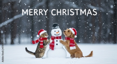 A whimsical holiday scene shows a cat and dog building a snowman in a snowy forest, with 