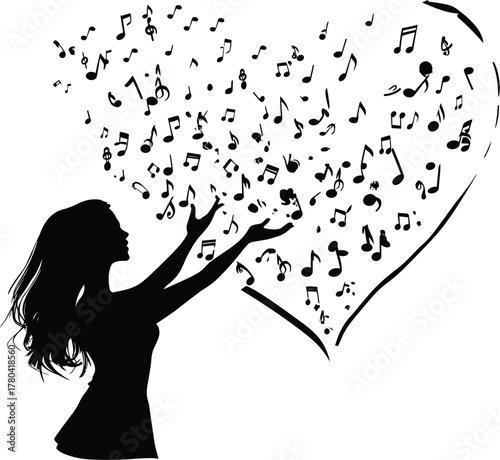 Black Silhouette of Heart Releasing Small Music Notes vector