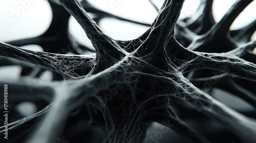 Close-up of a complex network of dark, interconnected structures, resembling cellular or neural formations against a bright background