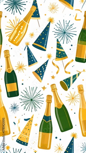 Festive Celebration Pattern with Champagne Bottles Party Hats and Fireworks on White Background
