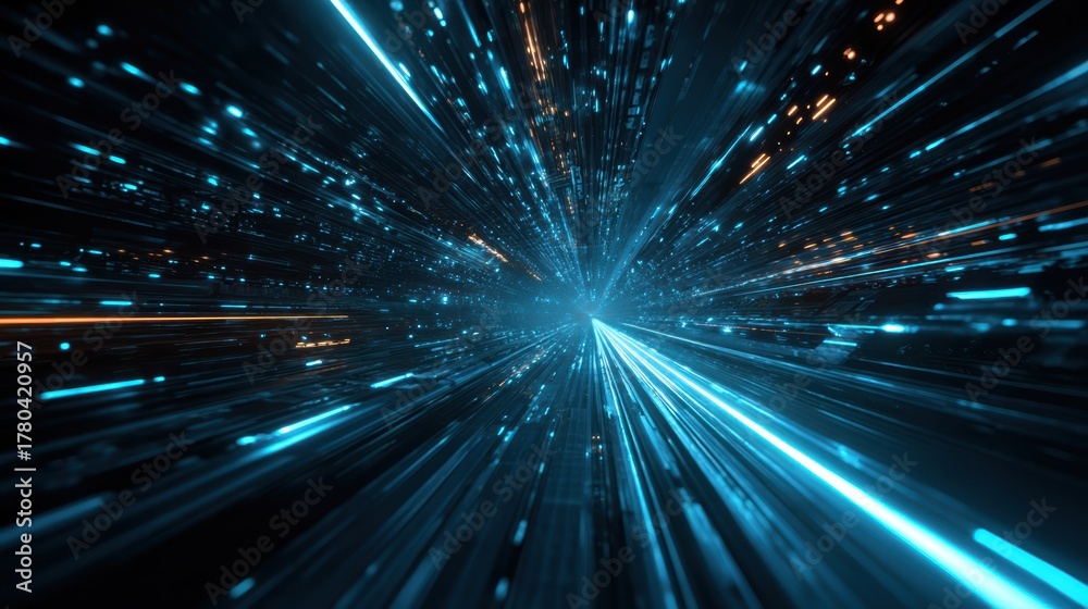 Naklejka premium Futuristic digital motion with bright blue and orange light streaks, representing speed and innovation in technology.