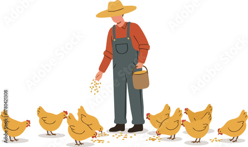 Man in overalls and hat feeding chickens in a farm setting with a bucket and grains.