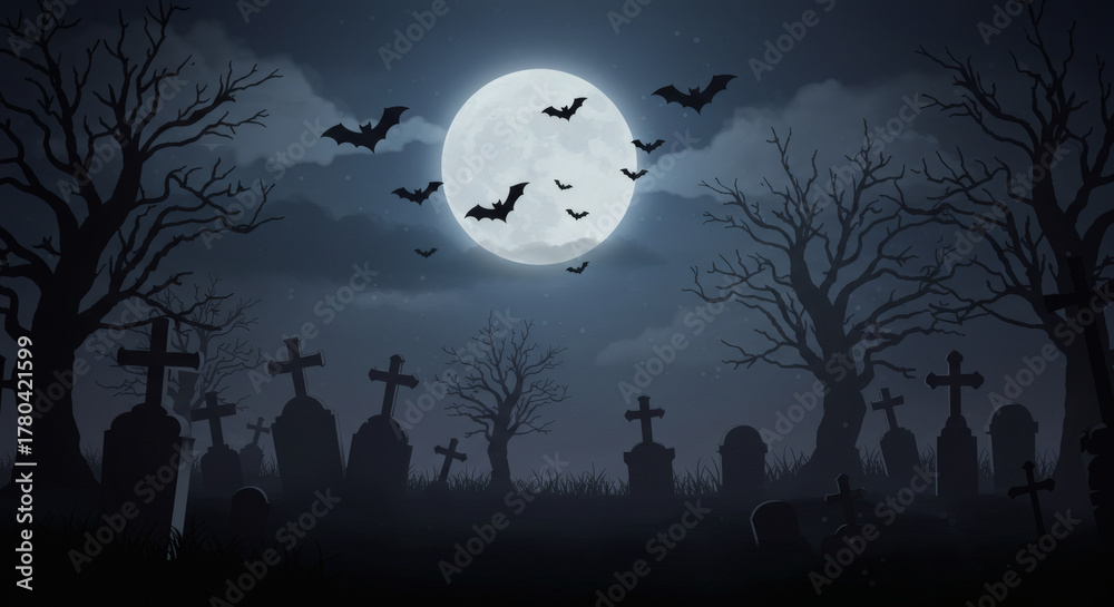 Fototapeta premium Spooky Halloween Cemetery at Night with Full Moon and Bats Flying Over Gravestones