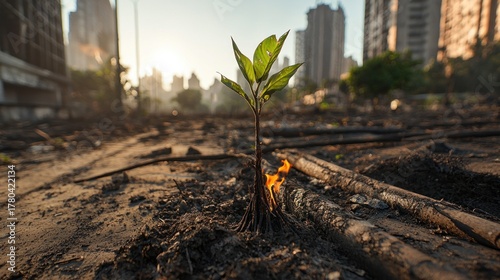 Fototapeta Naklejka Na Ścianę i Meble -  A single green sprout pushing through charred earth amidst a destroyed city, bathed in warm sunlight. Destruction and hope