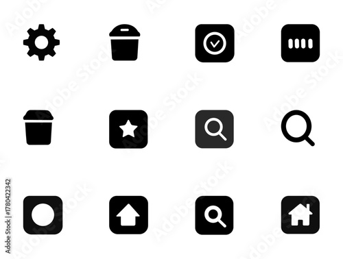 Collection of black and white user interface icons in various shapes.