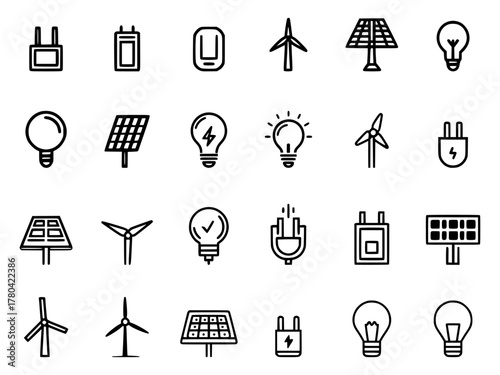 Various energy icons representing renewable resources and technology.