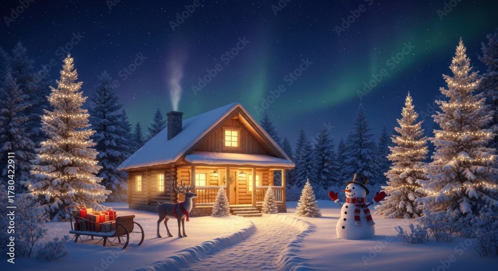Naklejka premium Cozy cabin scene with a snowman, reindeer, sleigh, lit trees, and the northern lights under a starry night sky