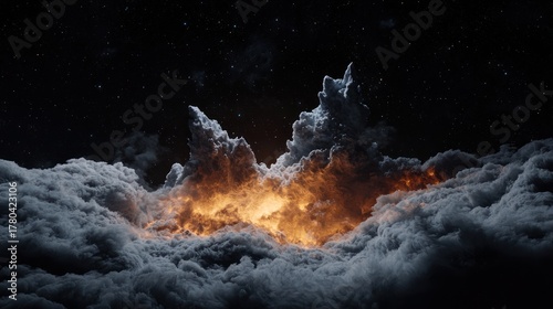 A fiery burst erupts through thick, swirling clouds, illuminating the night sky with an intense, burning glow