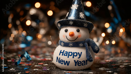 Smiling snowman with happy new year text and lights.