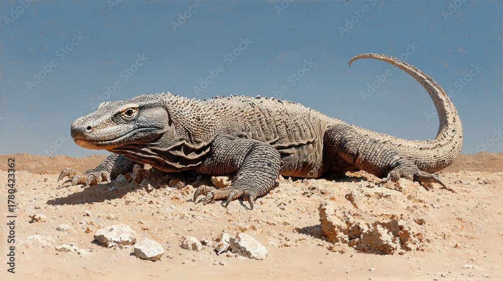 Fototapeta premium A large, gray reptile, with textured skin and curved tail, rests on sand under a clear, blue sky