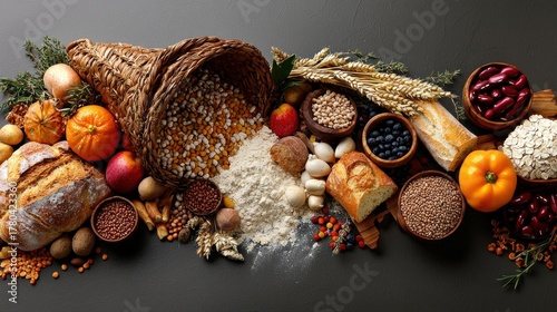 A cornucopia overflows with autumn harvest vegetables, fruits, grains, and baked goods cascade onto a dark surface