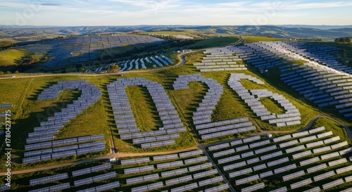Aerial view of a hillside covered in solar panels, some arranged to form 