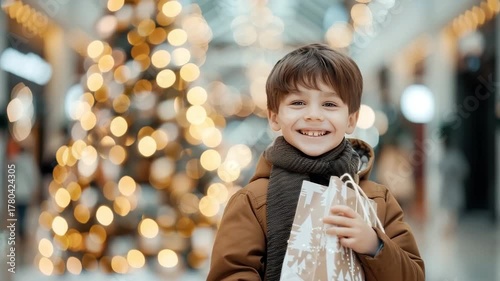 Young boy with brown hair, smiling brightly while holding shopping bags, in a festive mall setting with blurred holiday lights, showcasing joyful holiday spirit
