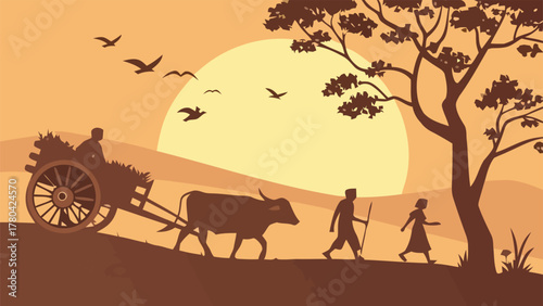 Serene Sunset Silhouette Village Life Scene with Ox Cart