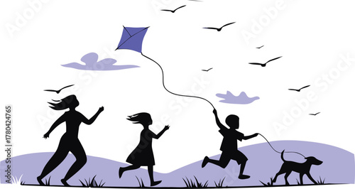 Joyful family adventure with children running and flying a kite outdoors, embracing carefree summer days under a bright sky with their playful dog