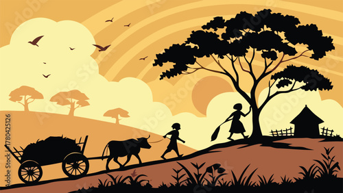 A pastoral scene of rural life with a farmer and cart pulled by a bullock under a large tree with a hut in the distance