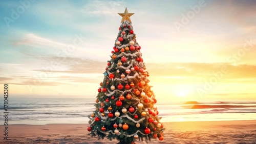 Christmas tree adorned with colorful ornaments and a shining star, captured at sunset on a beach, showcasing the festive spirit, camera pans slowly