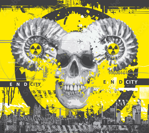 Vector abstract banner. Urbanism, street art, apocalypse. Circle and human skull with horns, grunge-style cityscape.  Anti-war poster.T-shirt design. No ai