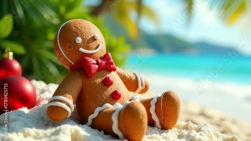 Gingerbread man with red bowtie sits on sandy beach, surrounded by Christmas ornaments, as camera pans to capture festive atmosphere and tropical scenery