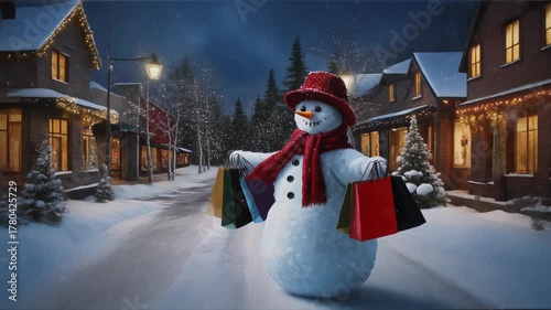 Cheerful snowman carrying shopping bags in a winter wonderland