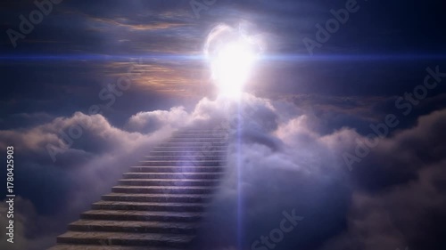 Serene Pathway to the Sky, Dreamy Cloudscape with Sunset