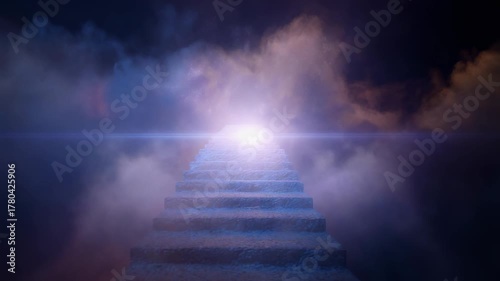 Mystical Staircase Surrounded by Colorful Fog in Dreamy Atmosphere