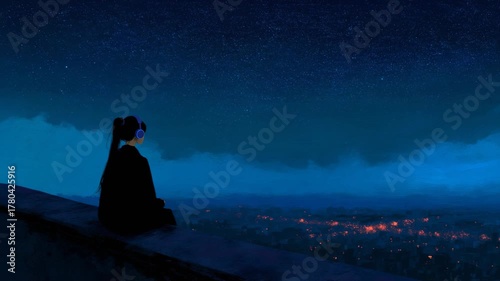 Serene Night Sky with Girl Listening to Music in Urban Setting