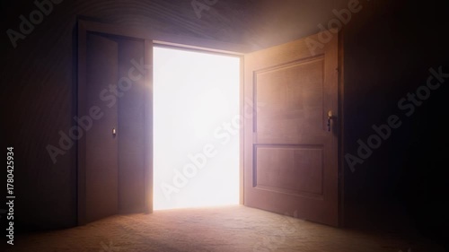 Mystical Open Door with Light Beaming in Dark Room, Symbol of Opportunity